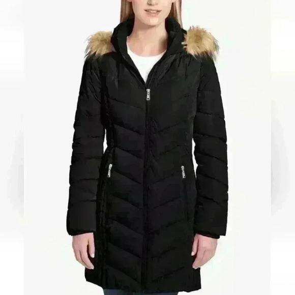 Tommy Hilfiger Faux-Fur-Trim Hooded Chevron Black Puffer Coat Size XS $245 - Picture 1 of 13